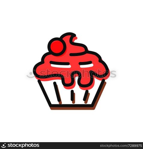 Cake with cream of pink color, decorated with cherry berry, tasty dessert, served as part of Christmas meal, isolated on vector illustration. Cake Cream, Cherry Christmas Vector Illustration