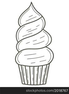 Cake with lots of cream in doodle style isolated object. Baking with curls, linear image. Sweet confectionery, vector illustration.. Cake with lots of cream in doodle style isolated object.