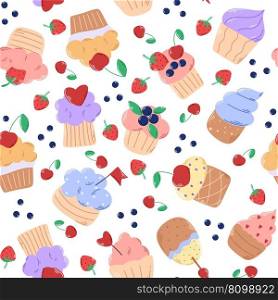 Cakes and cupcakes seamless pattern. Background cakes with cherries, strawberries and blueberries. Cute decorated holiday baking print. Repeat template for textile, packaging, digital paper and design, vector illustration. Cakes and cupcakes seamless pattern