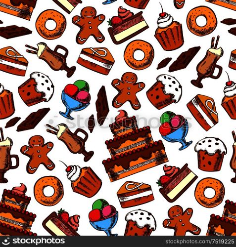 Cakes and desserts seamless pattern on white background with tiered cake, cupcake, muffin and donut with cream, raisin and fruits, coffee cocktail, chocolate bar, ice cream sundae and gingerbread man. Cakes, coffee and ice cream seamless pattern