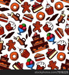Cakes and desserts seamless pattern on white background with tiered cake, cupcake, muffin and donut with cream, raisin and fruits, coffee cocktail, chocolate bar, ice cream sundae and gingerbread man. Cakes, coffee and ice cream seamless pattern