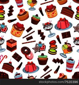 Cakes and patisserie desserts seamless pattern. Vector pattern of confectionery chocolate cupcakes, biscuit cakes, muffins, whipped cream, strawberry and cherry topping. Cakes and patisserie desserts seamless pattern