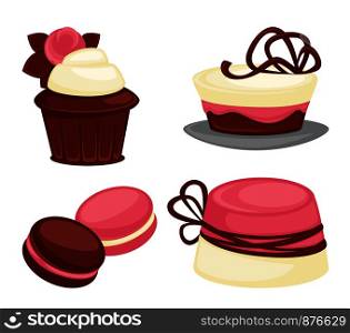 Cakes and sweet pink desserts set. Baked sugar products with decorative elements made of dark chocolate. Confectionery and cupcakes joined together with cream isolated on vector illustration. Cakes and sweet pink desserts set vector illustration