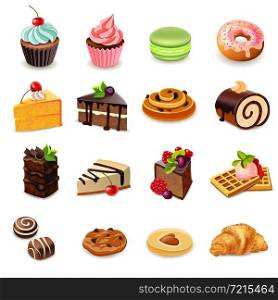 Cakes and sweets decorative icons set with donut cookies cupcake isolated vector illustration. Cakes Icons Set
