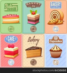 Cakes and Sweets Mini Posters Collection. Traditional bakery confectionary 6 vintage mini posters composition banner with cupcakes caked and chocolate cookies isolated vector illustration