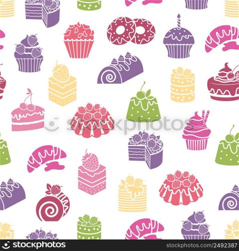 Cakes and sweets seamless pattern background. Dessert and food, cream and bakery, vector illustration. Cakes and sweets seamless pattern background