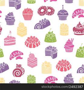 Cakes and sweets seamless pattern background. Dessert and food, cream and bakery, vector illustration. Cakes and sweets seamless pattern background
