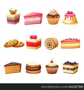 Cakes and sweets set. Cakes pastry and sweet desserts set isolated vector illustration