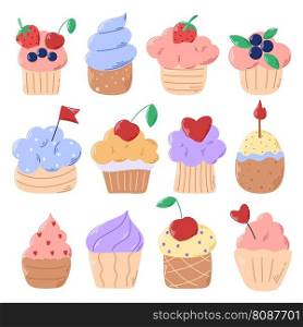 Cakes hand drawn collection. Sweet holiday treat set isolated elements. Delicious cakes with berries, vector illustration. Cakes hand drawn collection