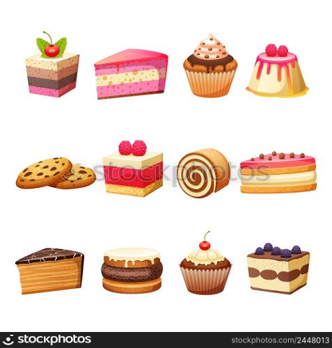 Cakes pastry and sweet desserts set isolated vector illustration. Cakes and sweets set