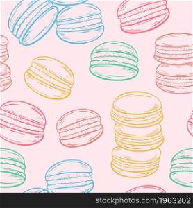 Cakes seamless pattern, hand engraved. Background with French macaroons. Bright festive template for wrapping paper, wallpaper and backing. Vector illustration.. Cakes seamless pattern, hand engraved.