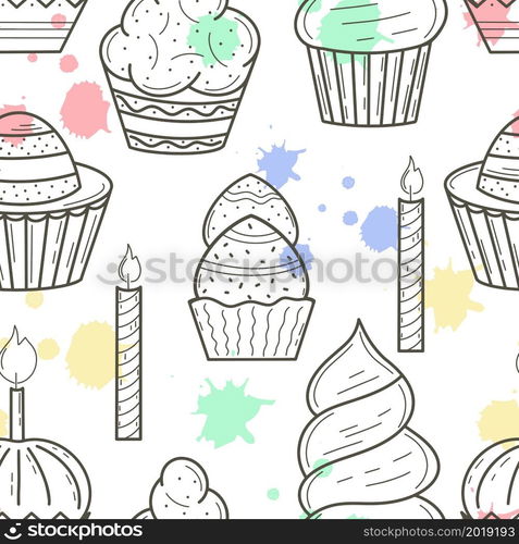 Cakes seamless pattern, vector illustration. Background with pastries. Template for fabric, wallpaper, packaging.. Cakes seamless pattern, vector illustration.