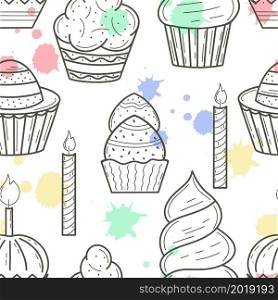 Cakes seamless pattern, vector illustration. Background with pastries. Template for fabric, wallpaper, packaging.. Cakes seamless pattern, vector illustration.