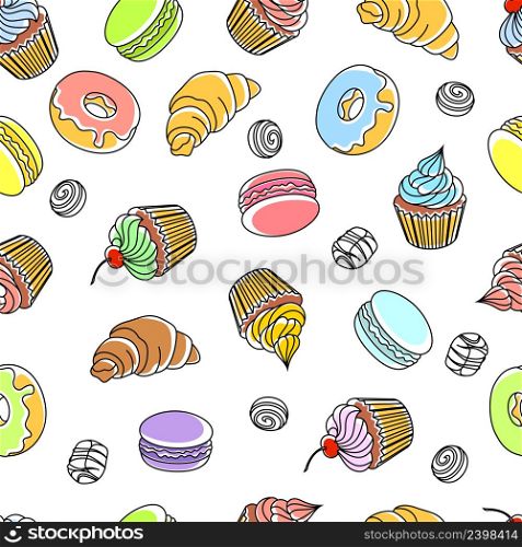 Cakes seamless pattern with donuts cupcakes and croissants vector illustration. Cakes Seamless Pattern
