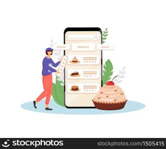 Cakes taste and quality feedback flat concept vector illustration. Female client, pastry online buyer 2D cartoon character for web design. Sweet bakery customer review creative idea