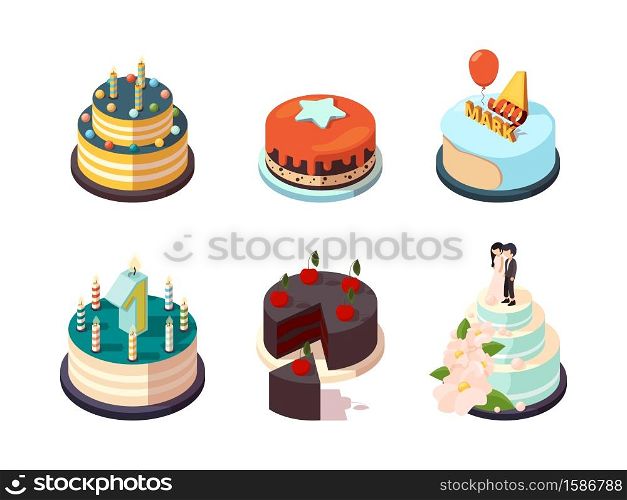 Cakes. Tasty party bakery food cream cakes with chocolate strawberry glazed for holiday party birthday surprise vector isometric. Illustration cake and bakery, cream food, dessert and sweet. Cakes. Tasty party bakery food cream cakes with chocolate strawberry glazed for holiday party birthday surprise vector isometric