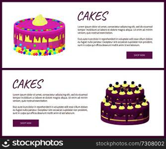 Cakes variety delicious desserts, web page for online shopping with text, sweet bakery with cream, banners isolated on vector illustration. Cakes Variety Page Online Shop Vector Illustration