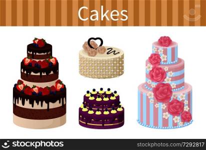 Cakes various delicious desserts vector illustration of different shapes pies with chocolate strawberries and red cherries, fruits and tasty frosting. Various Delicious Desserts Vector Illustration