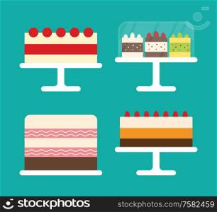 Cakes with berries, different types of beautiful modern dessert with cream and colorful layers. Sweet bakery on plate, pies isolated on blue vector. Cakes with Berries, Sweet Bakery on Plate vector