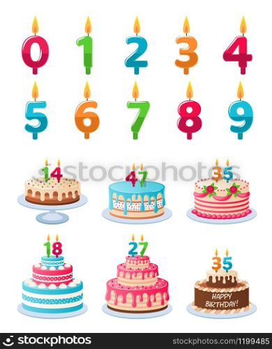 Cakes with candle numbers. Anniversary birthday cake with candles, colorful delicious desserts, celebration chocolate cupcakes, vector set of kindergarten cute invitation elements. Cakes with candle numbers. Anniversary birthday cake with candles, colorful delicious desserts, celebration chocolate cupcakes vector set