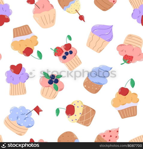 Cakes with cream, berries and decoration seamless pattern. Background with cupcakes. Cute delicious cupcakes, print for textile, packaging, digital paper, vector illustration. Cakes with cream, berries and decoration seamless pattern