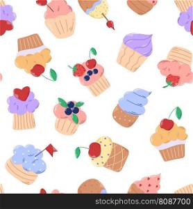 Cakes with cream, berries and decoration seamless pattern. Background with cupcakes. Cute delicious cupcakes, print for textile, packaging, digital paper, vector illustration. Cakes with cream, berries and decoration seamless pattern
