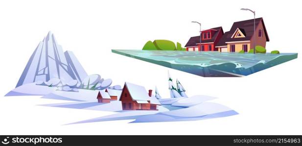 Calamity, natural disasters flood and snow avalanche nature cataclysms icons with houses, water flow or snowslide. Extreme weather consequences in mountain resort and town, Cartoon vector illustration. Natural disasters flood, snow avalanche cataclysms