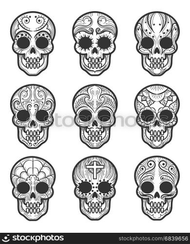 Calavera or sugar skull tattoo set. Calavera or sugar skull tattoo set for mexican day of the dead vector art isolated on white background