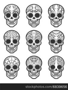 Calavera or sugar skull tattoo set. Calavera or sugar skull tattoo set for mexican day of the dead vector art isolated on white background