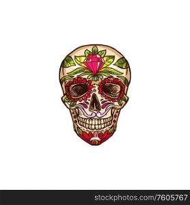 Calavera skull decorated by diamond isolated vector Cinco de Mayo day of dead symbol. Skull with diamond, floral decor, mexican calavera