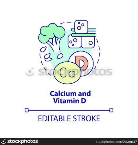 Calcium and vitamin D concept icon. Green vegetables and tofu. Source of nutrients abstract idea thin line illustration. Isolated outline drawing. Editable stroke. Arial, Myriad Pro-Bold fonts used. Calcium and vitamin D concept icon