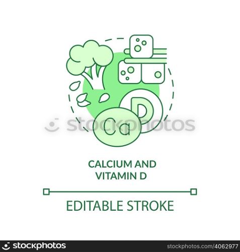 Calcium and vitamin D green concept icon. Green vegetables. Source of nutrients abstract idea thin line illustration. Isolated outline drawing. Editable stroke. Arial, Myriad Pro-Bold fonts used. Calcium and vitamin D green concept icon
