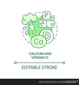 Calcium and vitamin D green concept icon. Green vegetables. Source of nutrients abstract idea thin line illustration. Isolated outline drawing. Editable stroke. Arial, Myriad Pro-Bold fonts used. Calcium and vitamin D green concept icon
