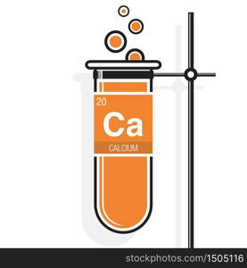 Calcium symbol on label in a orange test tube with holder. Element number 20 of the Periodic Table of the Elements - Chemistry