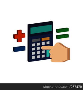 Calculate on Calculator symbol. Flat Isometric Icon or Logo. 3D Style Pictogram for Web Design, UI, Mobile App, Infographic. Vector Illustration on white background.