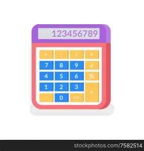 Calculating machine with numbers vector, numeric data. Device with buttons, object used in finance accounting and calculation isolated icon closeup. Calculator with Numbers and Solving Isolated Icon