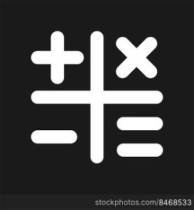 Calculation dark mode glyph ui icon. Four rules of arithmetic. User interface design. White silhouette symbol on black space. Solid pictogram for web, mobile. Vector isolated illustration. Calculation dark mode glyph ui icon