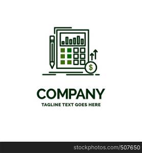 Calculation, data, financial, investment, market Flat Business Logo template. Creative Green Brand Name Design.