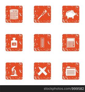 Calculation tool icons set. Grunge set of 9 calculation tool vector icons for web isolated on white background. Calculation tool icons set, grunge style