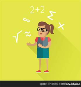 Calculations vector concept in flat design. Female character in glasses surrounded mathematical symbols. illustration for scientific, educational concepts, app icons. On yellow background with shadow. Mathematical Calculations Concept in Flat Design.. Mathematical Calculations Concept in Flat Design.