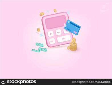 Calculator 3d icon render concept of financial management. online payment with Credit or debit card. financial risk planning, 3d render illustration. 