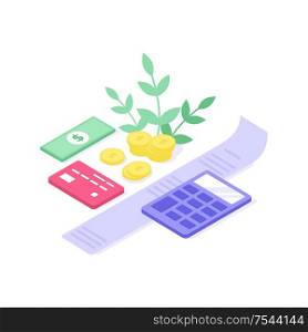 Calculator and counting money. Vector isometry illustration