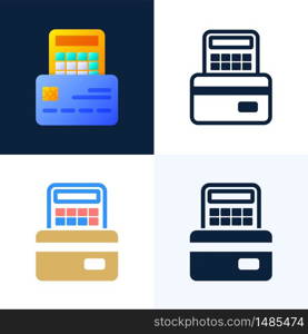 Calculator and credit card vector stock icon set. The concept of paying taxes, calculating expenses and income, paying bills. Front side of card with calculator