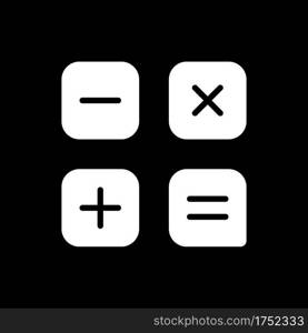 Calculator app dark mode glyph icon. Arithmetic operations. Performing calculations. Smartphone UI button for application. White silhouette symbol on black space. Vector isolated illustration. Calculator app dark mode glyph icon