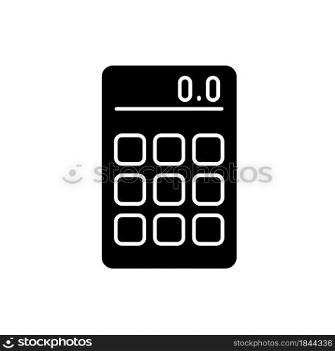 Calculator black glyph icon. Math operations performance. Portable electronic device. Hand-held tool. Mathematical calculations. Silhouette symbol on white space. Vector isolated illustration. Calculator black glyph icon