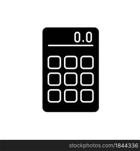 Calculator black glyph icon. Math operations performance. Portable electronic device. Hand-held tool. Mathematical calculations. Silhouette symbol on white space. Vector isolated illustration. Calculator black glyph icon