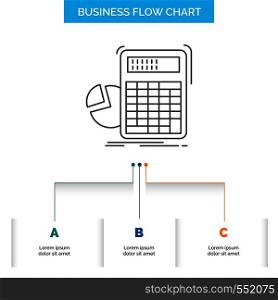 calculator, calculation, math, progress, graph Business Flow Chart Design with 3 Steps. Line Icon For Presentation Background Template Place for text. Vector EPS10 Abstract Template background