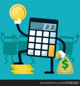Calculator holding golden coin and money bag in hands on blue background flat design