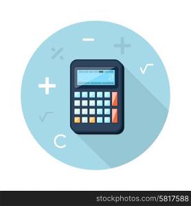 Calculator icon with mathematical symbols multiplication division plus minus construction background in the root flat design long shadow style