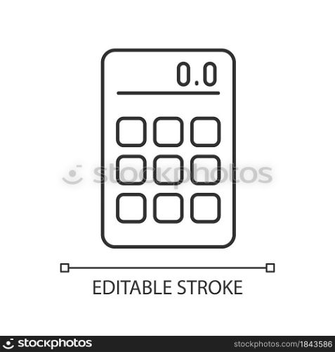 Calculator linear icon. Math operations. Portable electronic device. Hand-held tool for school. Thin line customizable illustration. Contour symbol. Vector isolated outline drawing. Editable stroke. Calculator linear icon